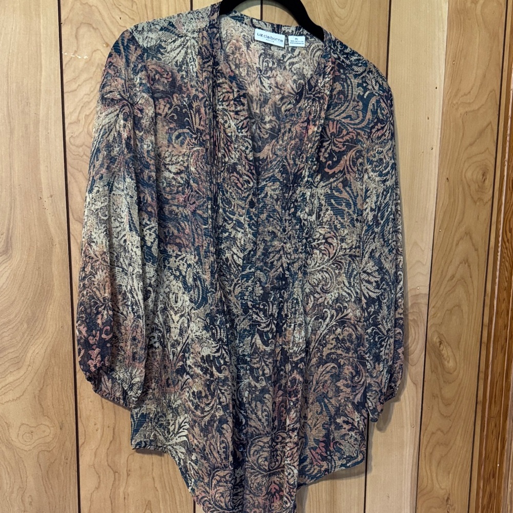 Liz Claiborne Navy, Cream and Blush Paisley Sheer Blouse